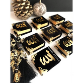 Zwarte en gouden decoratieve boekendozen met mini Koran en fluwelen kaft